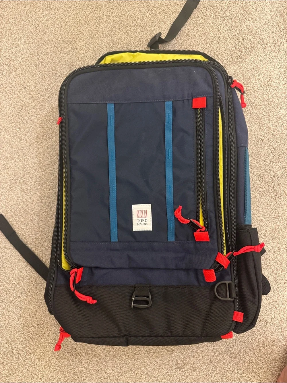 Topo Designs Navy, Black & Yellow Backpack with Red Accents